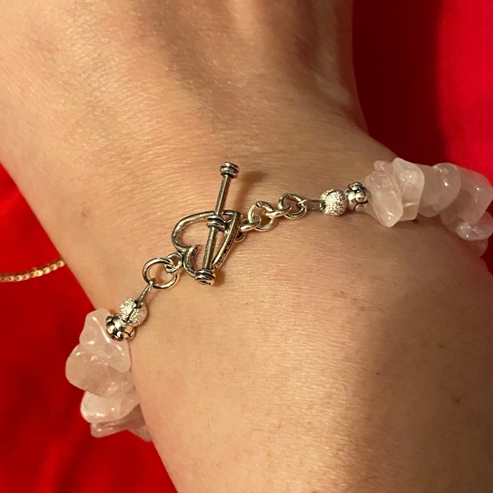 Hand Crafted Rose Quartz Bracelet Heart Pink Stones Valentine Authentic - Picture 3 of 8